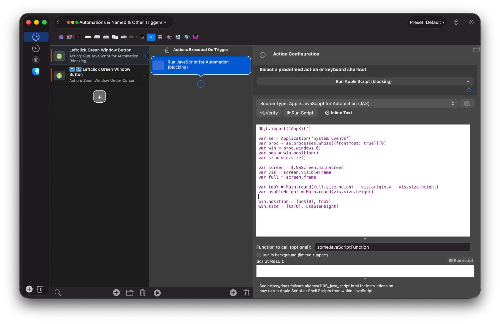 The complete action configuration with the JXA script pasted in, the Function to call field empty, and Source Type set to JAX