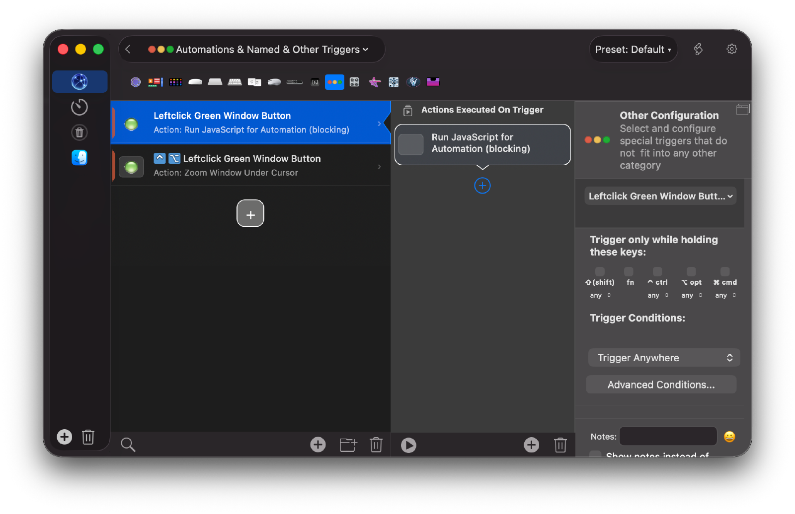 The trigger type picker with “Leftclick Green Window Button” selected