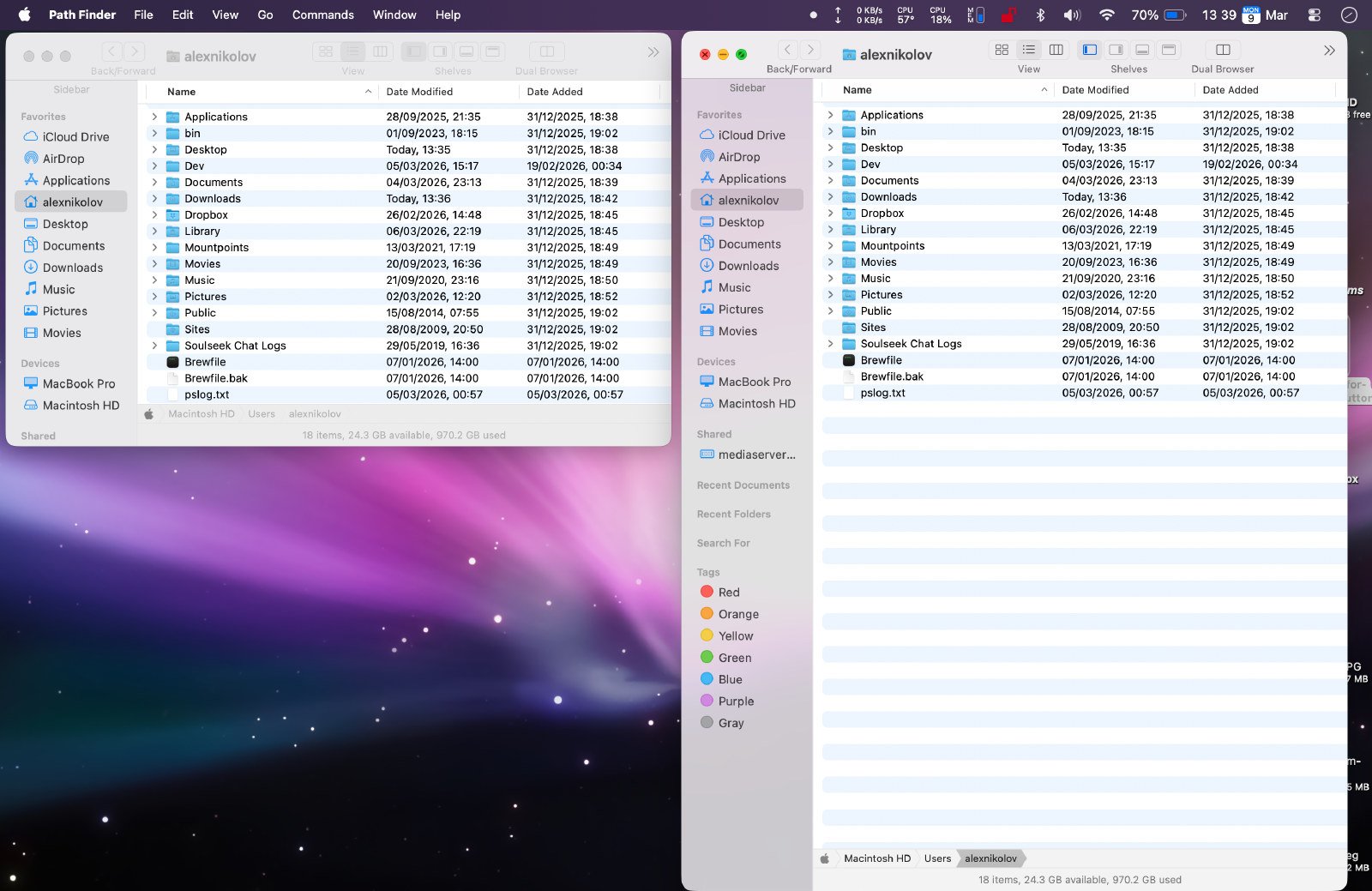 A Finder window before and after clicking the green button – same width, now full screen height